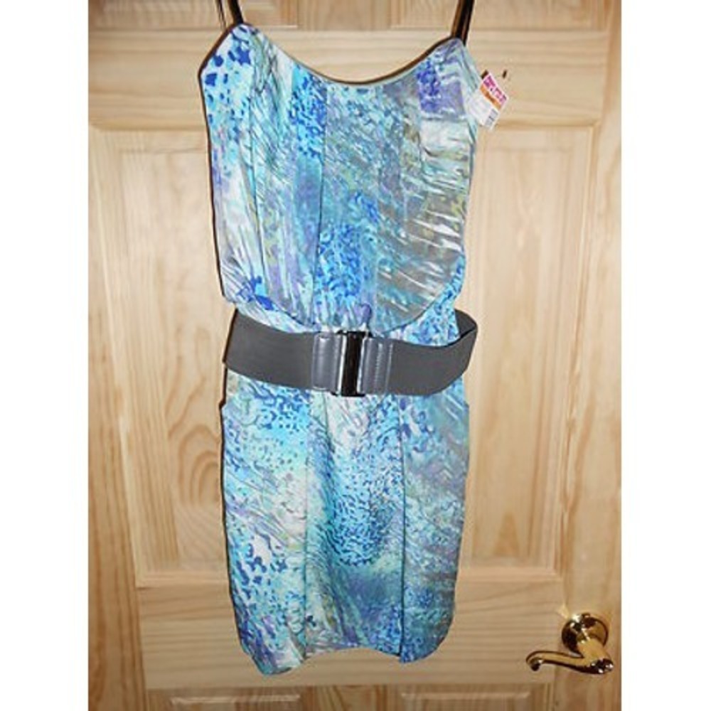 NEW Strapless Blue Gray Purple Pleated Short Dress w/ pockets & belt size Small!